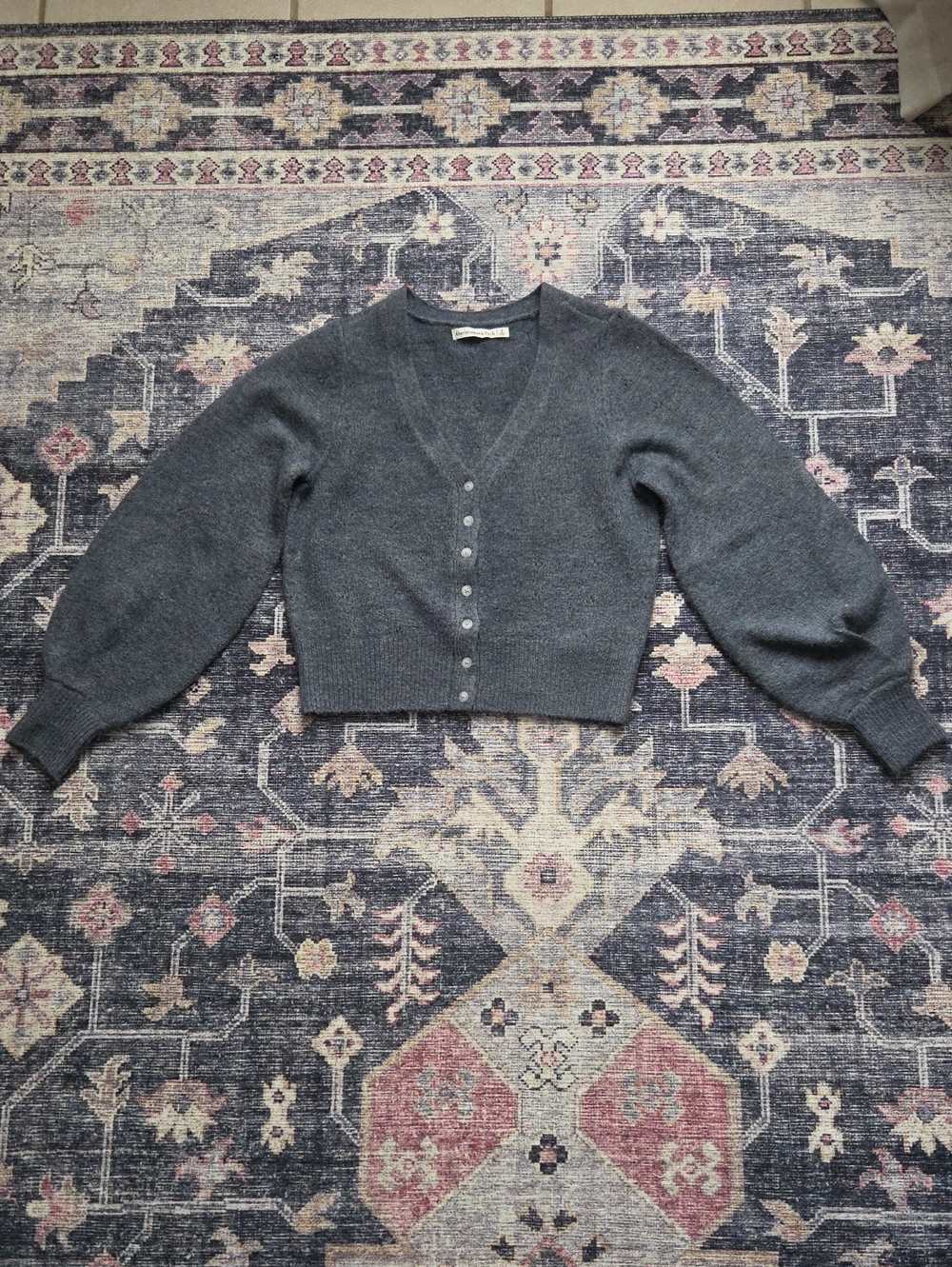 Abercrombie & Fitch Charcoal Cropped V-Neck Button Cardigan